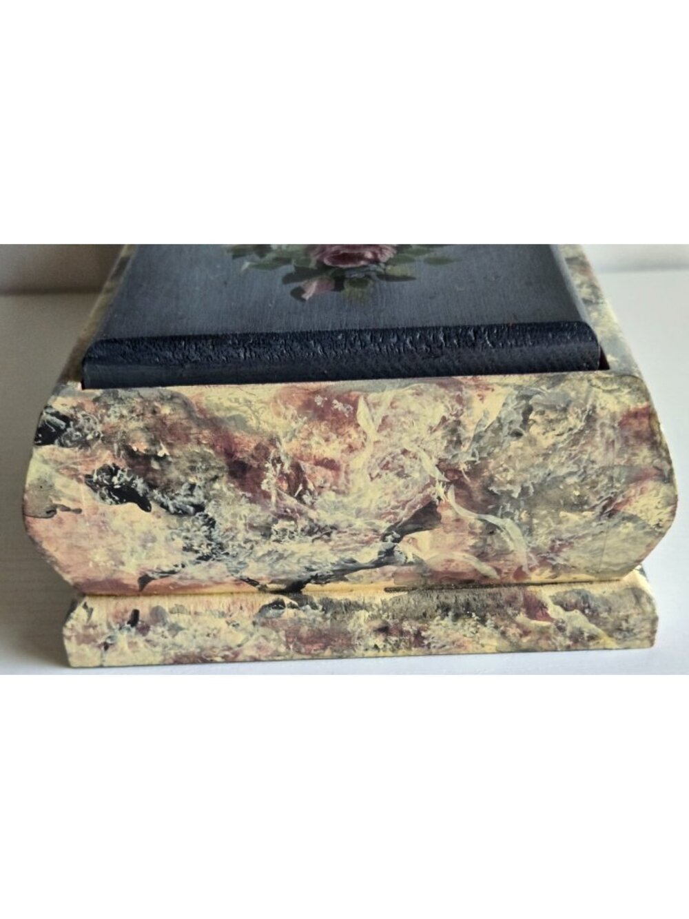 Painted Folk Art Wooden Box with Lid Heart Roses Blue Pink Faux Marble Finish - Picture 3 of 14